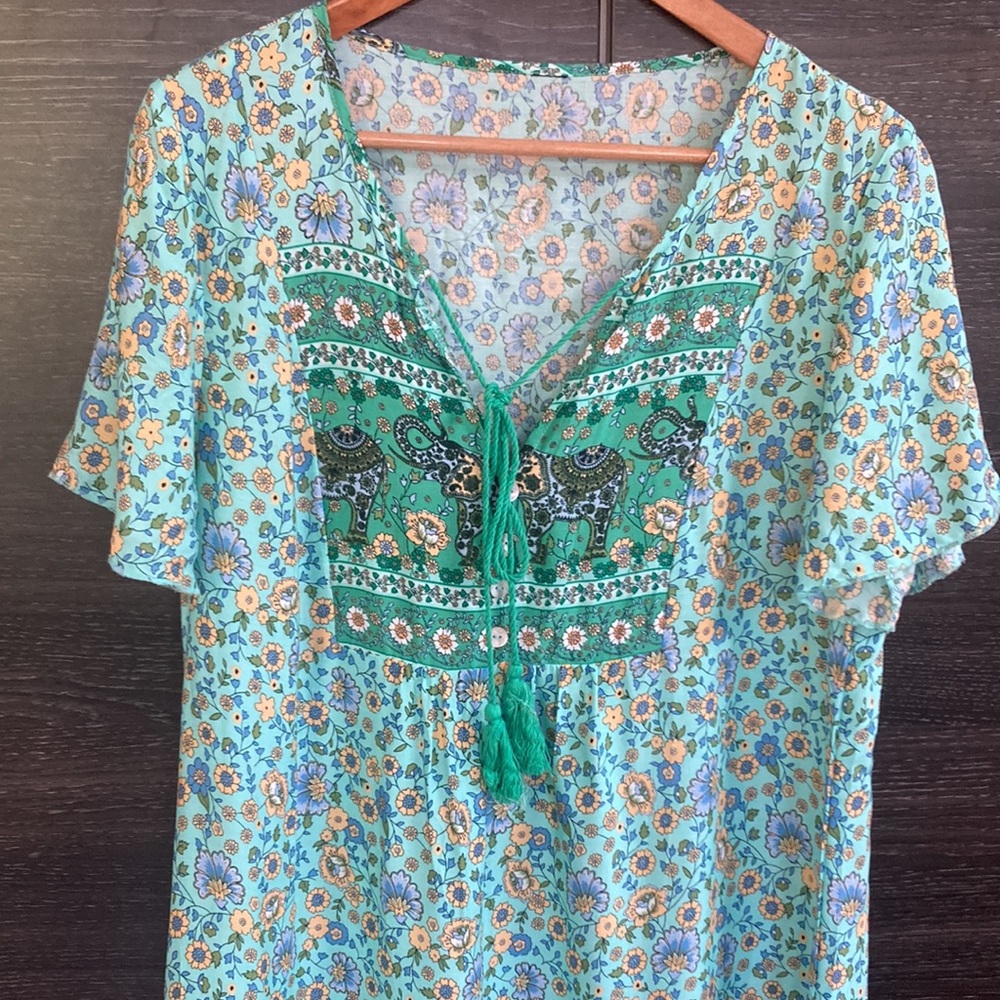 Green Floral Dress w Elephant Border Ties Buttons & Chain